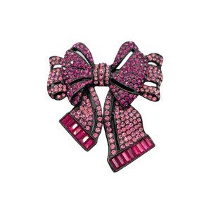 Vintage Signed Vendome Pink Rhinestones Ribbon Bow Brooch Japanned Metal